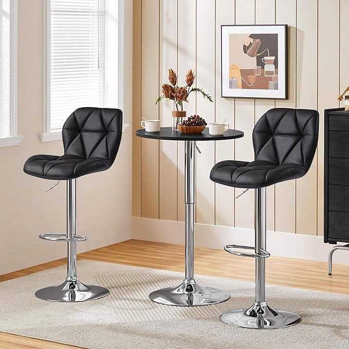 Yaheetech Bar Stools Set of 2, Modern Adjustable Kitchen Island Chairs, Black PU Leather Swivel Counter Stools for Bar, Kitchen Counter, Black