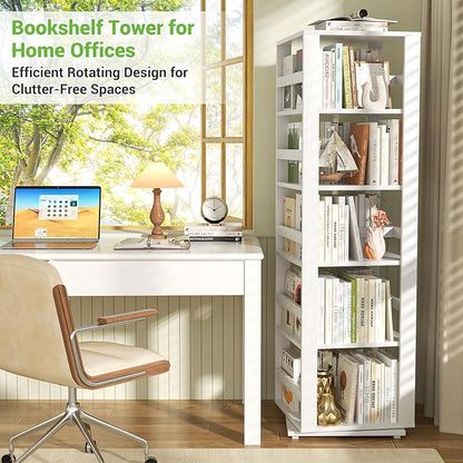 Homykic Rotating Bookshelf, Bamboo 360 Display Spinning Bookshelf Tower, 5-Tier Small Corner Bookcase for Small Spaces, Narrow Revolving Book Shelf Organizer Rack for Home Office, White