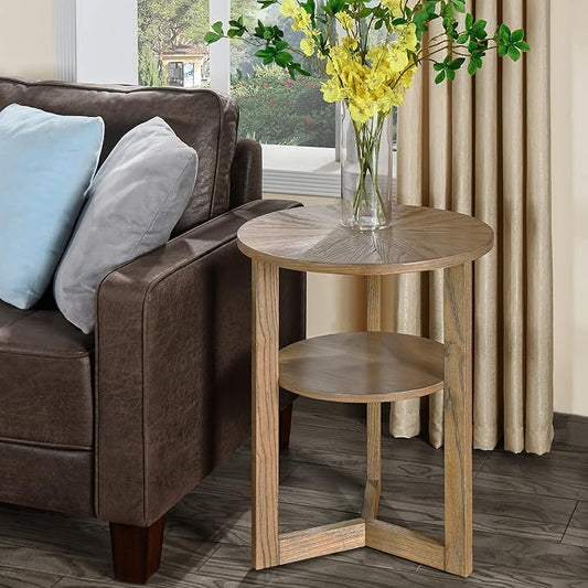 MODERION Round End Table, Farmhouse Side Table with Storage Shelf, Classic Circular Solid Wood Beside Table, 2-Tier Telephone Table, Nightstand, 24”H x 19.3”D for Living Room Rustic Natural BZ3338