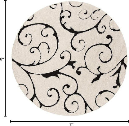 SAFAVIEH Florida Shag Collection Area Rug - 6'7" Round, Ivory & Black, Scroll Design, Non-Shedding & Easy Care, 1.2-inch Thick Ideal for High Traffic Areas in Living Room, Bedroom (SG455-1290)