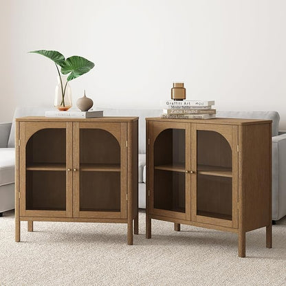 Nathan James Mason TV Stand, Free Standing Accent Sideboard Buffet, Credenza with Glass Doors and Adjustable Shelf in Brushed Light Brown Wood for Dining Room, Entryway and Living Room, Set of 2