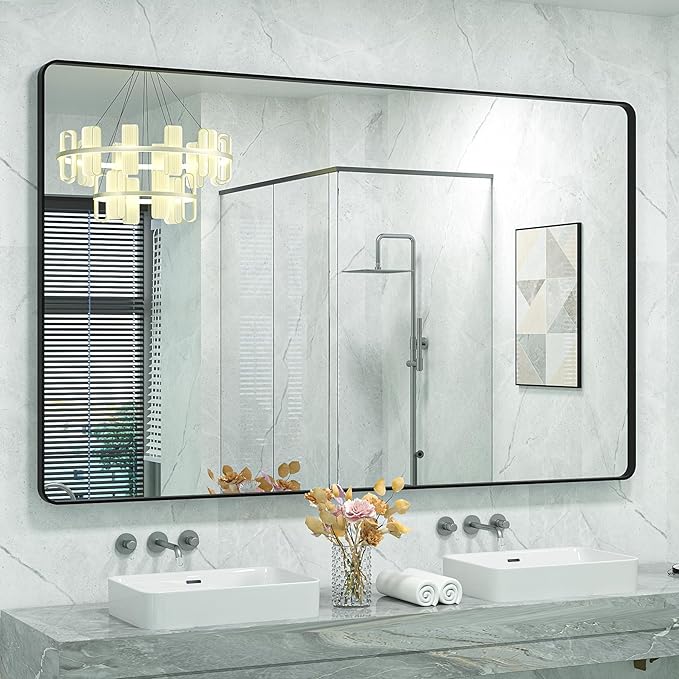 60x40 Inch Black Metal Framed Bathroom Mirror for Wall, Large Rounded Rectangle Mirror, Matte Black Bathroom Vanity Mirror, Anti-Rust, Shatterproof, Hangs Horizontally or Vertically