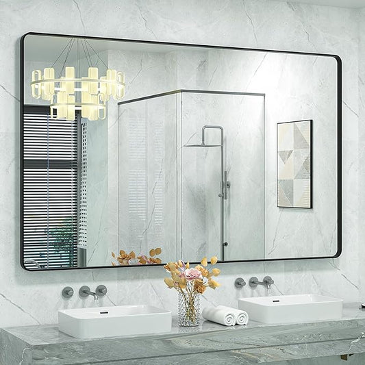 60x40 Inch Black Metal Framed Bathroom Mirror for Wall, Large Rounded Rectangle Mirror, Matte Black Bathroom Vanity Mirror, Anti-Rust, Shatterproof, Hangs Horizontally or Vertically