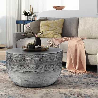 SIMPLIHOME Johnsen 30-inch Wide Metal Drum Coffee Table in Antique Silver, Boho-Style Cocktail Table for Living Room or Family Room, Assembled