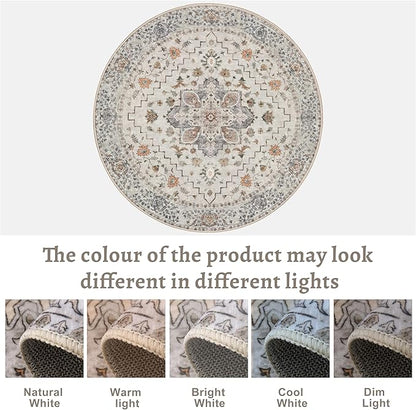 Tangsoo Vintage Round Rug 5ft, Washable Circle Rug, Non Slip Boho Round Area Rug, Low Pile Circular Rugs, Round Carpet for Bedroom,Livingroom,Nursery,Dorm,Office,Taupe