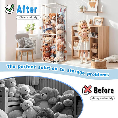 Stuffed Animal Zoo Storage - Tall PVC Material Toy Organizer with Elastic Cords & Shelf, Space-Saving Plushie Playhouse for Nursery, Playroom, Kids Bedroom - Easy Assembly