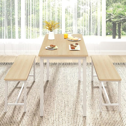 Rovibek 43" Dining Table Benches Set for 4, Modern Space Saving Kitchen Table Chairs & Adjustable Feet Breakfast Table 2 Benches, Wooden Industrial Style Farmhouse, White