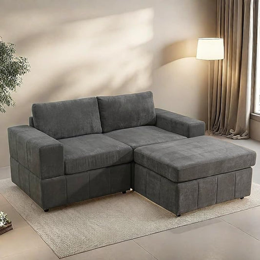 Loveseat Sofa with Ottoman, 74″ Modern Sectional Couches with Deep Seat, Small L Shaped Couch with Chaise for Living Room Bedroom, Brown