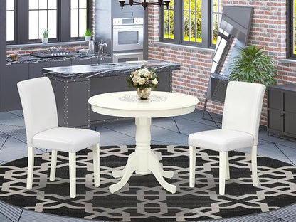 East West Furniture ANAB3-LWH-64 3 Piece Modern Dining Table Set Contains a Round Kitchen Table with Pedestal and 2 White Faux Leather Upholstered Chairs, 36x36 Inch, Linen White