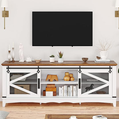 IDEALHOUSE Modern TV Stands for Living Room, 65 Inch TV Stand Entertainment Center with Storage and Sliding Barn Doors, Media TV Console Cabinet with Adjustable Shelf (White)