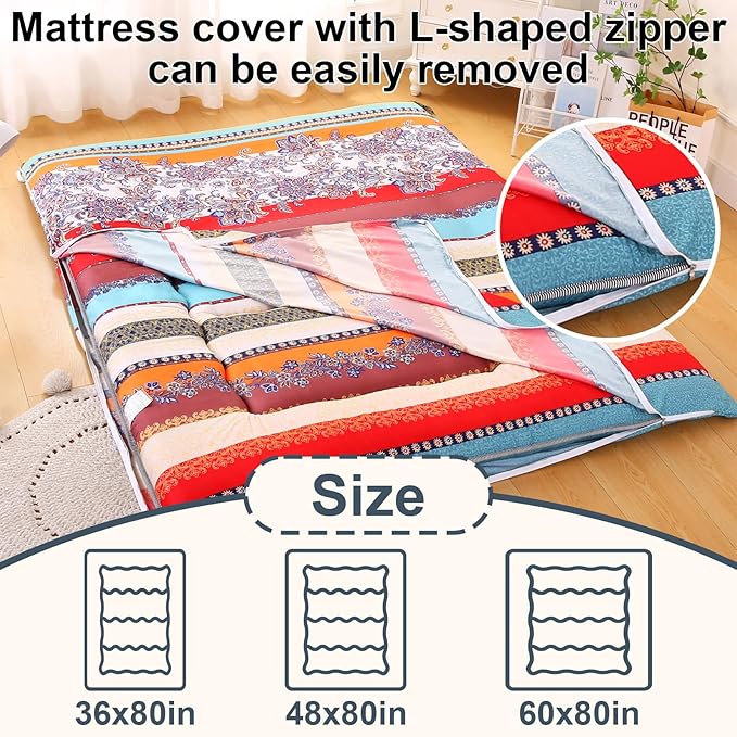 Bohemian Retro Japanese Floor Mattress, Vintage Floral Tatami Floor Mat, Portable Roll up Futon Mattress for Guest,Tavel (B,Twin 80" x 36")
