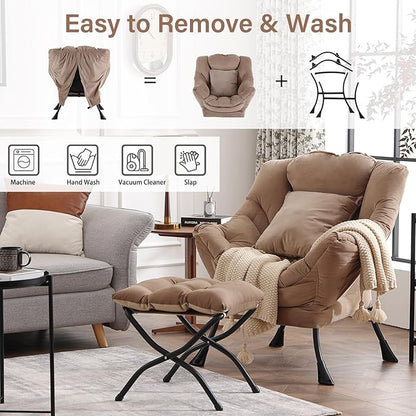 Lazy Chair with Ottoman, Reading Chair with a Pillow, Leisure Sofa Armchair with Ottoman, Large Accent Lounge Chair for Bedroom, Living Room, Dorm Room, Velvet Khaki