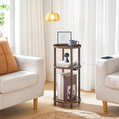 HOOBRO Set of 2 Small Round Side Tables with Charging Station, 3-Tier Round Bamboo End Tables, Compact Sofa Bedside Tables, Easy Assembly, for Living Room, Bedroom, Apartment, Mocha MA152UBZP201