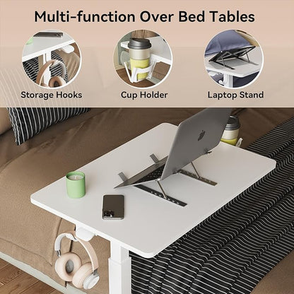Gas Spring Adjustable Height Rolling Portable Laptop Desk, Mobile Standing Desk on Wheels, Small Sit Stand Desk with Laptop Stand/Cup Holder/Hook (White, 26"x19")