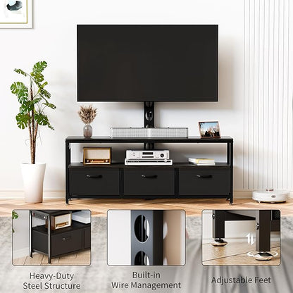 JUSTOGO TV Stand with Mount and Power Outlet, TV Stand Mount with Storage for Living Room, Entertainment Center with LED Lights for 45/55/60/65 inch, Height Adjustable Media Console, Black