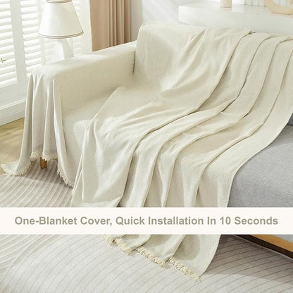 STACYPIK Modern Beige Couch Covers for Dogs Cats Thick Chenille Ivory White Sofa Cover Sofa Slipcover Furniture Protector for 3 Cushion Couch with Tassel Non-Silp Futon Cover Sofa Protector-71X150IN
