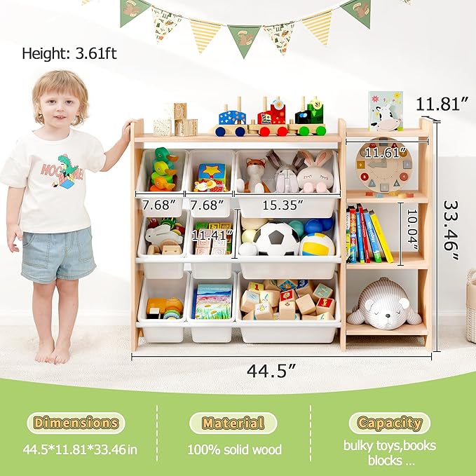 MallBest 4-Tier Kids' Toy Storage Organizer Shelf - 100% Solid Wood,Children's Storage Cabinet with 9 Plastic Bins and and 3 Storage Ports (Varnish-Single Color)