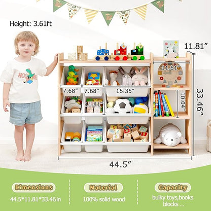 MallBest 4-Tier Kids' Toy Storage Organizer Shelf - 100% Solid Wood,Children's Storage Cabinet with 9 Plastic Bins and and 3 Storage Ports (Varnish-Single Color)