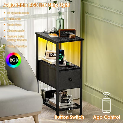 Fixwal Narrow Side Table with Charging Station and LED Light, Skinny Nightstand with 1 Fabric Drawer, Slim End Table for Bedroom, Dorm, Small Space, Black