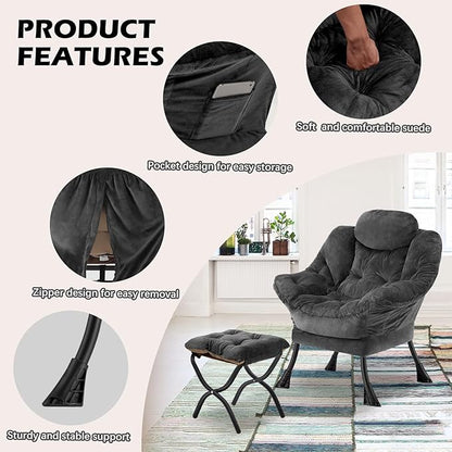 Lazy Chair with Folding Ottoman,Leisure Sofa Chair,Soft Fabric Armchair with Armrests and Side Pockets, Reading Chair with Footrest for Living Room, Bedroom, Office (Plush Dark Grey)