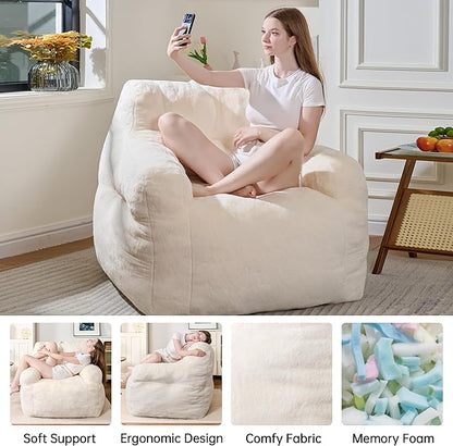 Giant Bean Bag Chairs for Adults and Kids, 3FT Bean Bag Chair with Filler, Comfy Lazy Sofa Chair for Bedroom, Living Room, Dorm (Cream)
