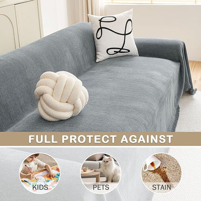 hyha Couch Cover for Dogs, Boho Sofa Covers for 3 Cushion Couch Washable, Chenille Sofa Slipcover for Pets, Soft Loveseat Sectional Couch Throw Blankets with Tassels (Grey, 71x118 Inch)