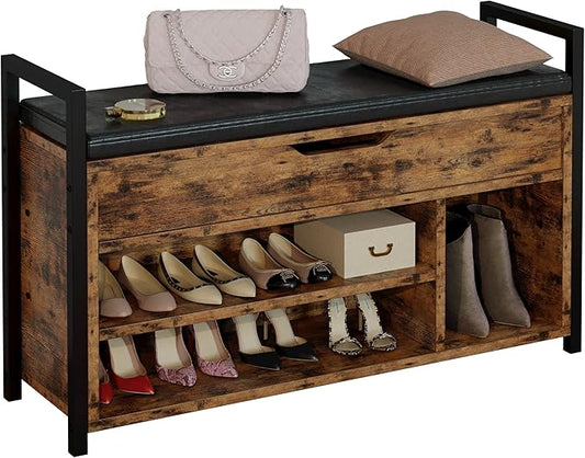 IRONCK Shoe Storage Bench, Entryway Bench with Lift Top Storage Box, Metal and Board Bench for Entryway, Two Tier Shoe Rack Organizer for Entryway, Hallway, Industrial, Vintage Brown
