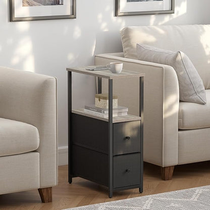 TUTOTAK Small Narrow End Table, Set of 2, Side Table, Nightstand with 2 Cloth Drawers, Couch Table, for Living Room, Bedroom, Bedside, Greige TB01BG054