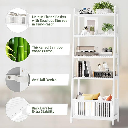 Bamjoy Bamboo White Bookshelf with Slatted Basket, Ladder Bookcase with 4 Display Shelves and 1 Open Storage Basket, Multifunctional Storage Rack Organizer for Home Office, Bedroom, Living Room, 66” H