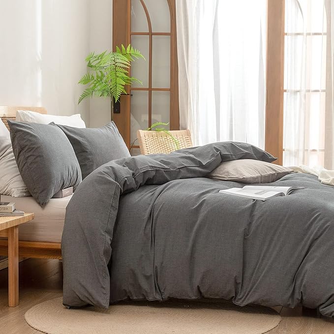 BESTOUCH Duvet Cover Set 100% Washed Cotton Linen Feel Super Soft Comfortable Chic Lightweight 3 PCs Home Bedding Set Solid Dark Grey Queen