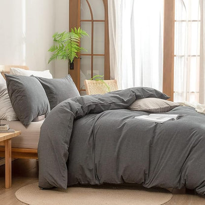 BESTOUCH Duvet Cover Set 100% Washed Cotton Linen Feel Super Soft Comfortable Chic Lightweight 3 PCs Home Bedding Set Solid Dark Grey Queen