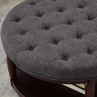 24KF Upholstered Round Coffee Table with Wooden Shelf, Tufted Button Large Round Ottoman with Spindle Wooden Legs, Linen Large Footrest Ottoman Pouf for Living Room, Dark Gray