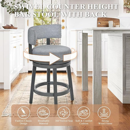 COLAMY Swivel Counter Height Bar Stools Set of 1, 25 Inch Modern Upholstered Kitchen Island Barstools with Back, Wood Swivel Bar Chairs for Counter Bar Dining Room, Grey