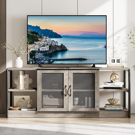 GarveeHome Farmhouse TV Stand for 65/75 Inch TVs, Entertainment Center with Storage Cabinet, 63'' Rustic TV Media Console Table, Furniture for Living Room, Grey