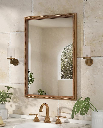 Axeman 24x36 Wood Wall Mirror, Rustic Bathroom Mirror, Vintage Wall Mounted Mirror Tempered Glass with Beaded Wooden Frame for Farmhouse Living Room Vanity Bedroom Entryway, Bronze