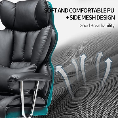 Efomao Desk Office Chair 400LBS, Big and Tall Office Chair, PU Leather Computer Chair, Executive Office Chair with Leg Rest and Lumbar Support, Black Office Chair
