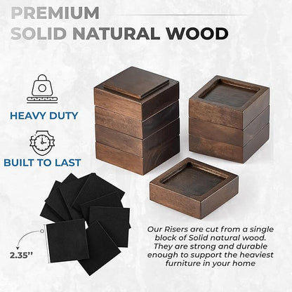 FASONLA Bed Risers, Furniture Risers (Set of 8) Lifts Height 1", 2", 3" or 4", Solid Natural Wood Risers, Non-Slip Recessed Hole to Heavy Bed/Furniture (Walnut Color)