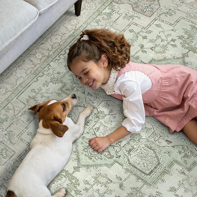GENIMO 10x12 Area Rugs for Living Room, Machine Washable Non Slip Vintage Rugs, Low Pile Lightweight Chenille Print Rug for Bedroom, Dining Room, Home Office, Oat Light
