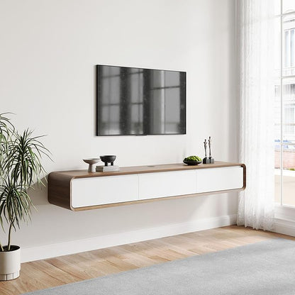 POVISON Fully-Assembled Minimalist Floating TV Stand, Modern Wall-Mounted Entertainment Center with 3 Flip-Down Cabinet Doors, Solid Wood Media Console, Walnut & Black, 70.87"
