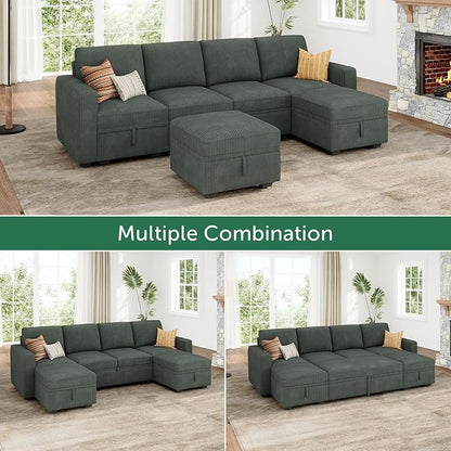 HONBAY Modular Sectional Sleeper Sofa Bed, Corduroy Pull Out Couch with Storage Ottoman, U Shaped Sectional Couches for Living Room, Green