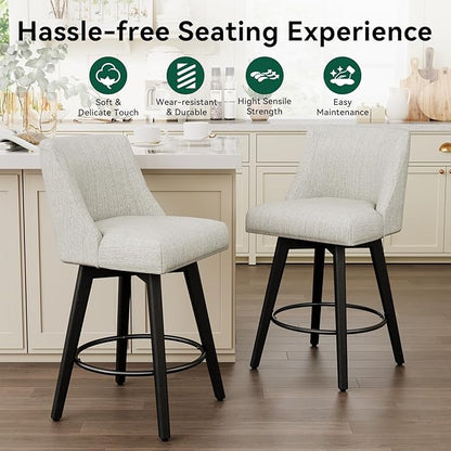 Vipbear Swivel Counter Height Bar Stools Set of 2,26.8" H Counter Stools with Back, Mid Century Modern Bar Stools for Kitchen Island,Linen Fabric,Wooden Base, White