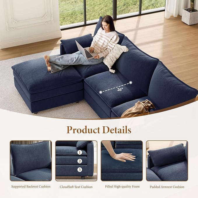 Vesgantti 108" U Shaped Sectional Couch, Comfy Cloud Modular Sectional Sofa with 2 Ottoman Deep Seat Chenille Modern Cloud Sofa, Modular Sofas for Living Room, Bedroom and Apartment, Blue