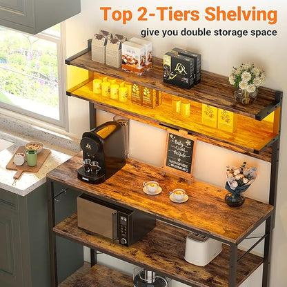 Aheaplus Bakers Rack with Power Outlet, Microwave Stand, 5 Tiers Coffee Bar Station with Led Lights, Kitchen Storage Shelf with 6 S-Shaped Hooks, Kitchen Rack Coffee Bar Stand, Rustic Brown