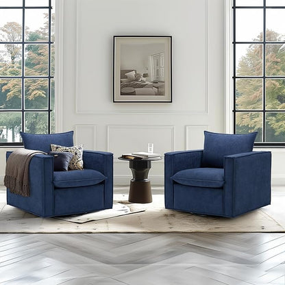COLAMY Swivel Accent Chair Set of 2, 34 Inches Wide Upholstered Arm Chair with Plump Back Pillow, Modern Sofa Living Room Chair for Bedroom, Corner, Reading Nook-Blue