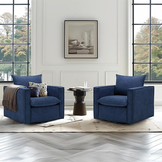 COLAMY Swivel Accent Chair Set of 2, 34 Inches Wide Upholstered Arm Chair with Plump Back Pillow, Modern Sofa Living Room Chair for Bedroom, Corner, Reading Nook-Blue