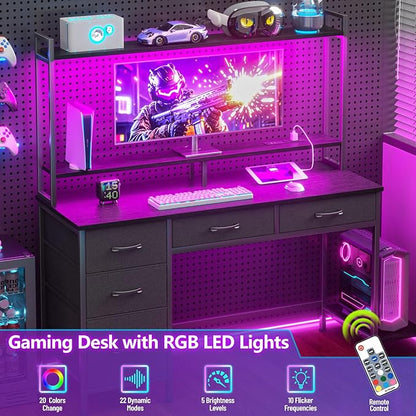 Computer Gaming Desk with Hutch, Home Office Desk with Power Outlets, LED Light, 5 Storage Drawers, 2 Tiers Shelves for Display, 47 Inch Modern Study Writing Table for Bedroom, Black