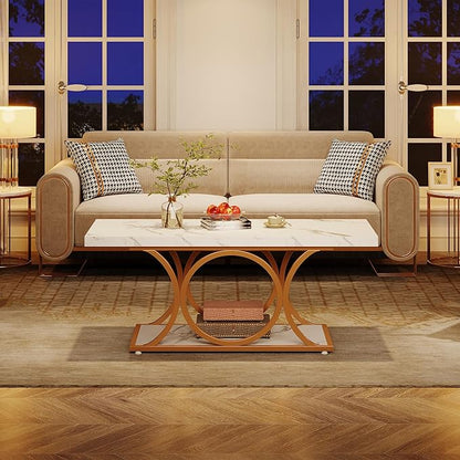 Tribesigns Rectangle Coffee Table, 46.45-inch Modern Coffee Tables for Living Room, 2-Tier Faux Marble Wood Coffee Table with Geometric Legs, Furniture with Storage Shelf (White & Gold)