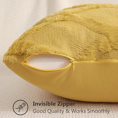decorUhome Fall Throw Pillow Covers 18x18 Inch Set of 2, Soft Plush Faux Fur Wool Mustard Yellow Couch Pillow Covers, Decorative Neutral Pillow Cases for Bed Sofa Living Room Home Decor