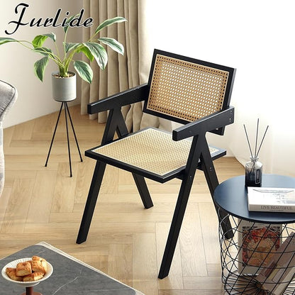 Rattan Dining Chairs Set of 2, Modern Mid Century Dining Chairs with Arms, Outdoor Bamboo Chairs for Bedroom, Living Room, Reading Room, Black