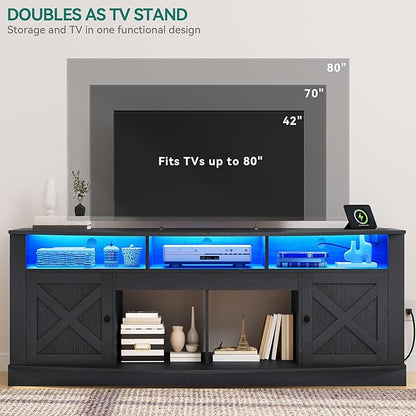 YITAHOME TV Stand for 75/80 Inch TV, Black Entertainment Center 70 Inches Wide, Media Furniture TV Table with with Power Outlet, TV Consoles for Living Room, Curved Desktop